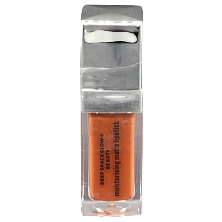 A clear tube of orange moisturizing matte lipstick labeled “Deep Space Glow” with a silver cap.