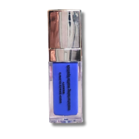 The image shows a tube of lipstick with a silver metallic cap and a transparent base. The lipstick itself is an unusual and bold shade of bright blue, and the text on the bottle reads, “DEEP SPACE GLOW® BEAUTY moisturizing matte lipstick.”