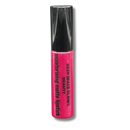 tube of bright reddish-pink liquid lipstick with a black cap